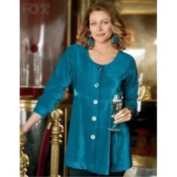 Soft Surroundings Chenille Velvet Button Down Tunic Top Large Peplum Teal Artsy - Picture 2 of 11